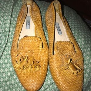Prada yellow woven leather tassel loafers